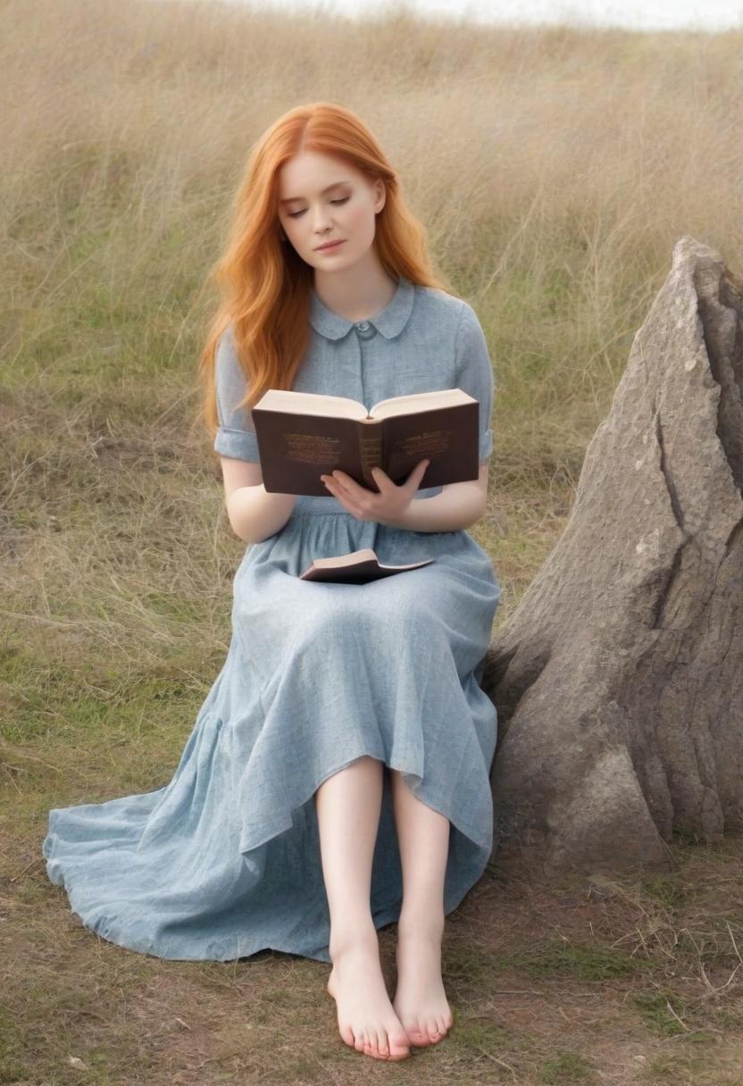  fashion editorial style a side view, a red haired girl sitting on a stone reading a bible, a photo taken from afar, hands holding a bible, a look at a book, a lonely tree in the background, grass under his feet, full height, barefoot, blond dress, long hair fluttering in the wind, light background, a lot of light, light rays, high resolution, smile on his face, calmness, . high fashion, trendy, stylish, editorial, magazine style, professional, highly detailed, perfect hands