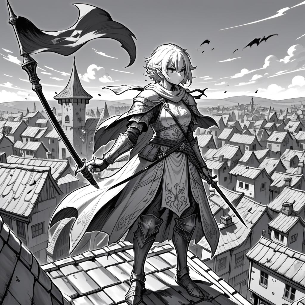  manga artwork fantasy, greyscale monochrome, manga materials, knight piercing mage with the spear on the rooftop with view on fantasy town, mage getting pierced with bloodsplash. manga artist. manga, highly emotional. best quality, high resolution