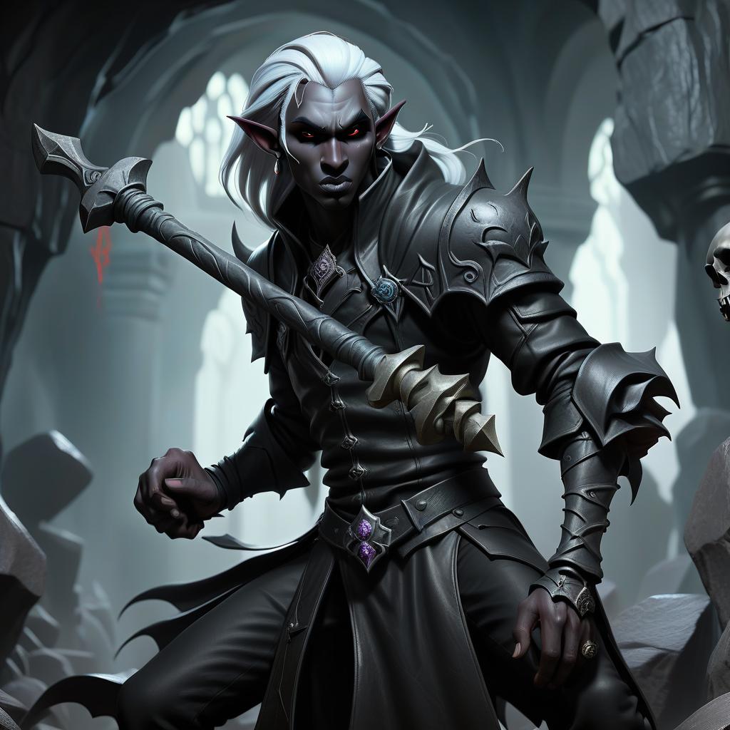  macabre style drow male elf cleric, simble plain black leather jacket, simple iron battle mace, dark cave temple . dark, gothic, grim, haunting, highly detailed, civitai, hkmagic