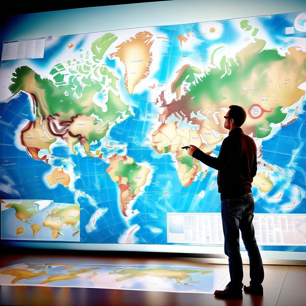  hyperrealistic art a person uses a digital high tech map of the world on a big screen. the main thing is the map he uses . extremely high resolution details, photographic, realism pushed to extreme, fine texture, incredibly lifelike