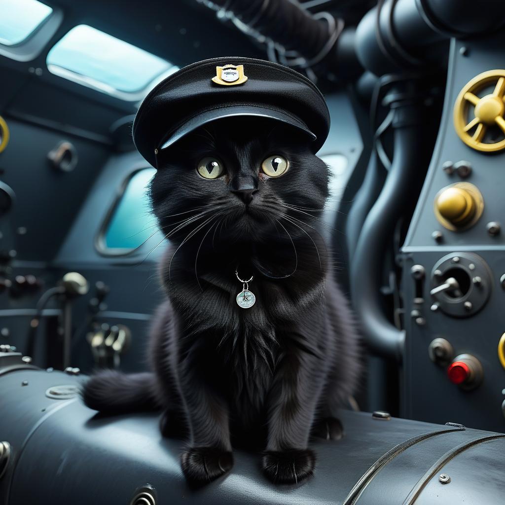  a furry black cat in a black cap in a submarine