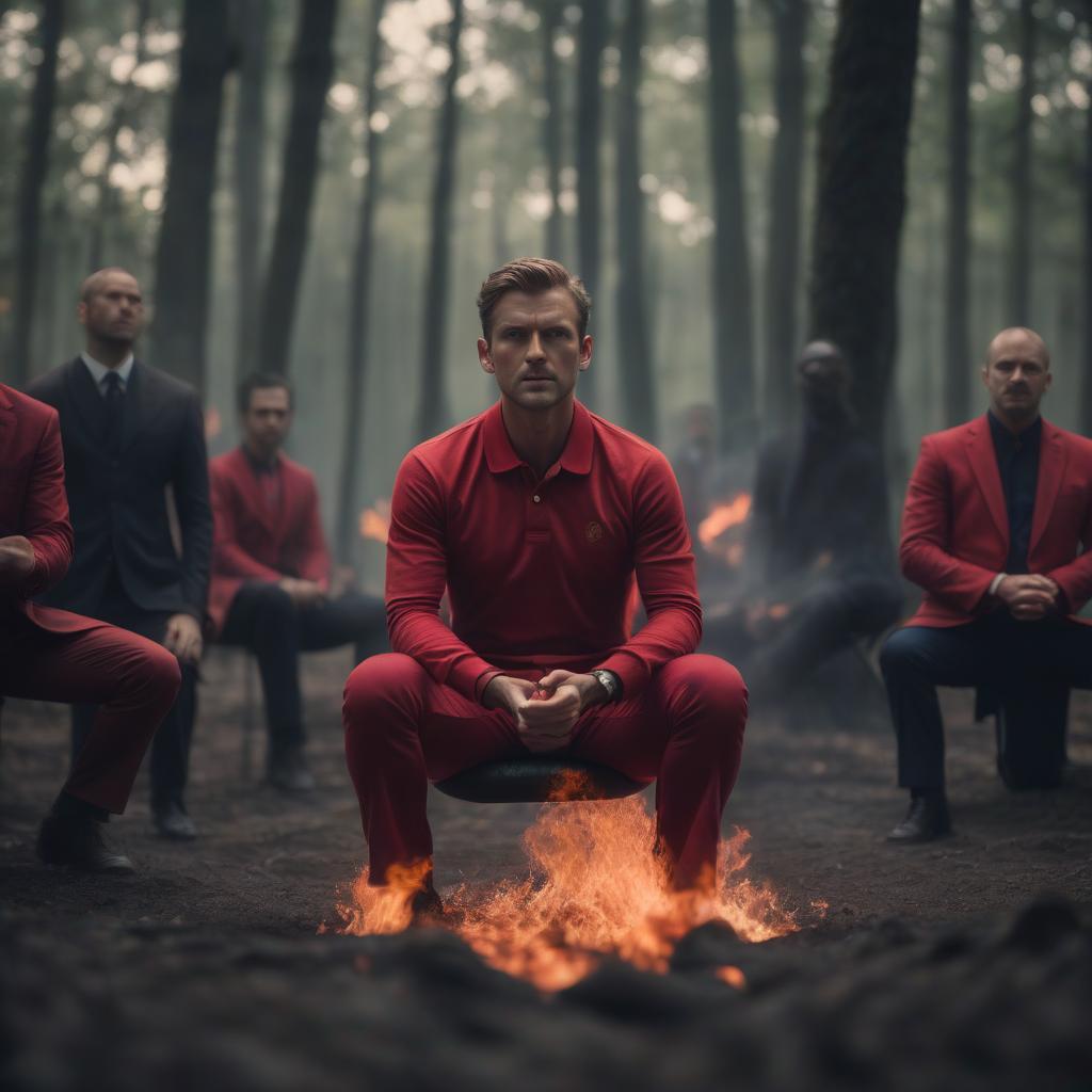  cinematic film still a man in polo, red polo, fire on his head, sitting in a lotus position, close up, dark forest, people in business suits jumping in the background . shallow depth of field, vignette, highly detailed, high budget, bokeh, cinemascope, moody, epic, gorgeous, film grain, grainy