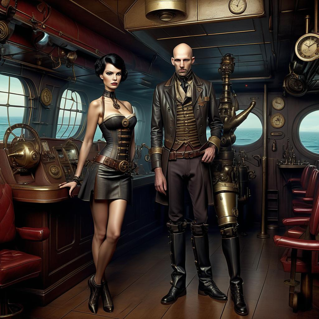  nautical themed a group of smugglers, a candy man, 40, ben needle, small, bald, black. a young , 20 year, medium sized s, graceful thin waist, long slender legs, black hair, droid, minotaur. full length image, steampunk, dieselpunk, paropunk, stand in a futuristic tavern. . sea, ocean, ships, maritime, beach, marine life, highly detailed