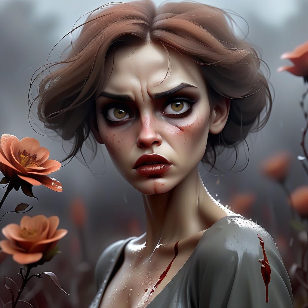  a girl with a brooding look and bloody hair, a graceful and beautiful figure with features reminiscent of angelina jolie and jessica alba bright lips high cheekbones and expressive eyes. high detail, around it gentle twinkling fire, half brown flowers winding around, a dull background with fog and soft light, a mysterious and slightly gloomy atmosphere, a light wind moves hair and clothes, rain drops sparkle on the skin