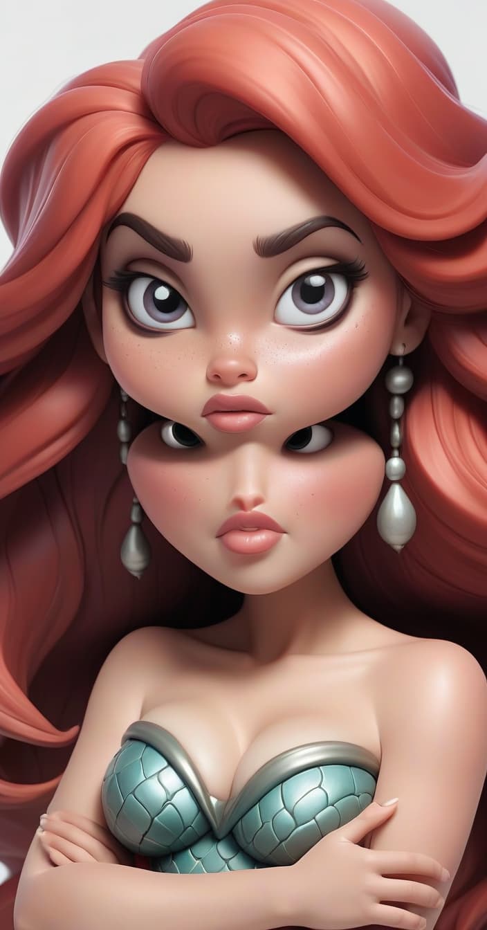  little mermaid, siren. nice face, plump cheeks, plump lips, big eyes. lira in hand. white background.