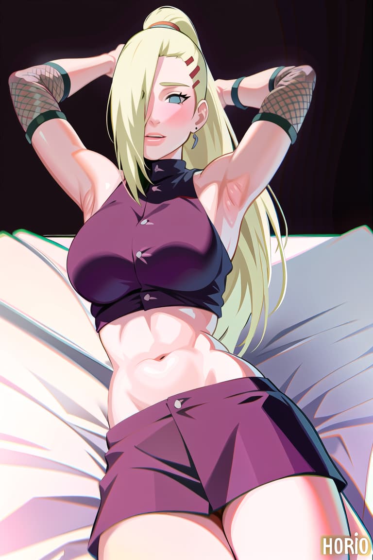  (yamanaka ino:1.2), hair down,(masterpiece, best quality:1.2), ilration, absurdres, highres, extremely detailed, inside, pov a boy is ing a and she is lying on bed and her arms behind her head and legs ((())),fullbody