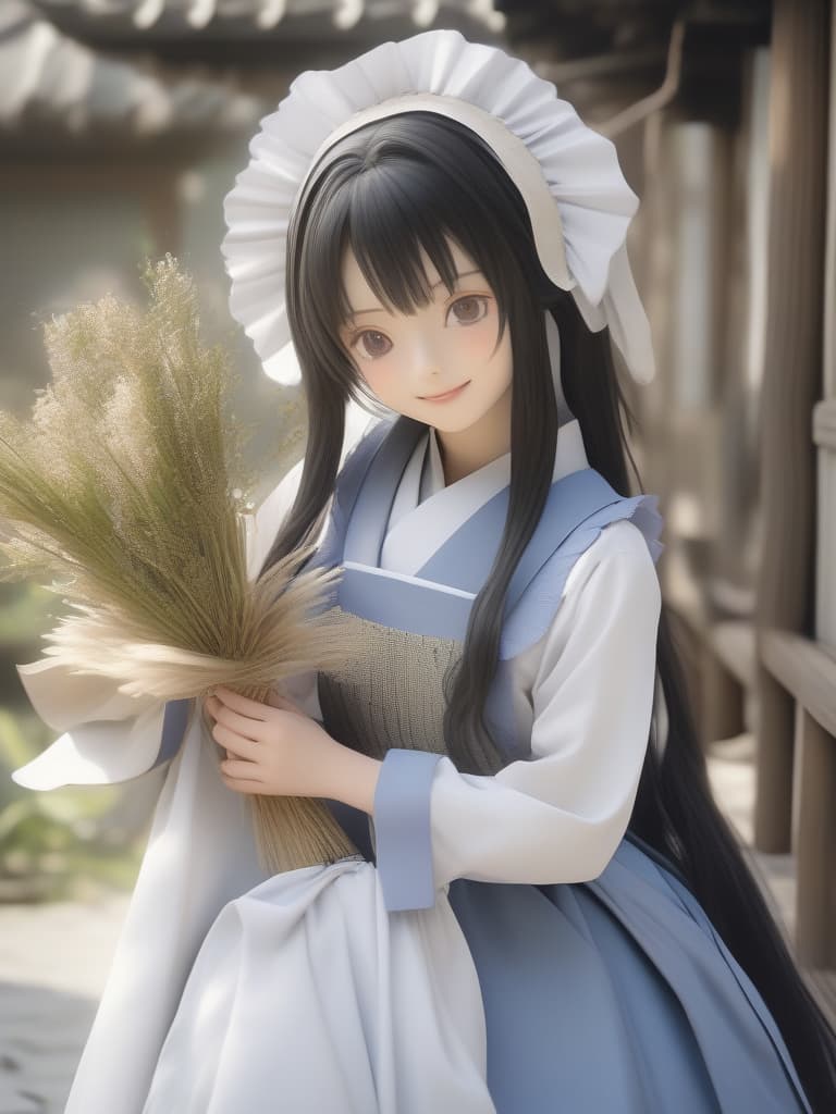  long hair, black hair, japanese style maid, graceful, white apron, masterpiece, best quality,8k,ultra detailed,high resolution,an extremely delicate and beautiful,hyper detail