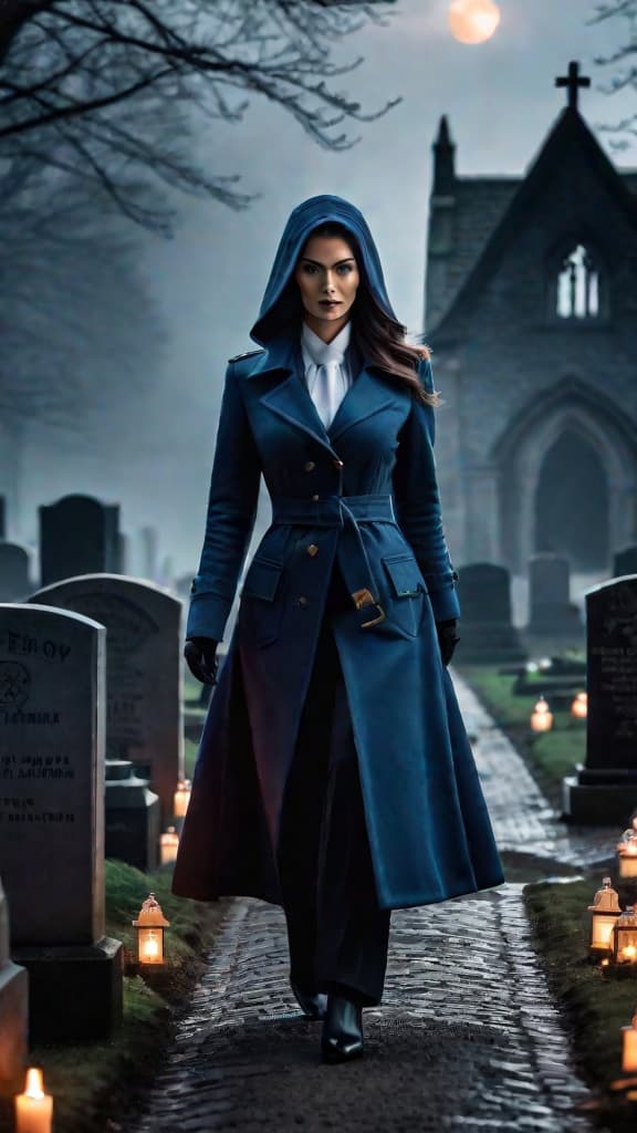  mysterious english village shrouded in darkness, haunted by the shadowy figure of doctor shipman, surrounded by graves hyperrealistic, full body, detailed clothing, highly detailed, cinematic lighting, stunningly beautiful, intricate, sharp focus, f/1. 8, 85mm, (centered image composition), (professionally color graded), ((bright soft diffused light)), volumetric fog, trending on instagram, trending on tumblr, HDR 4K, 8K