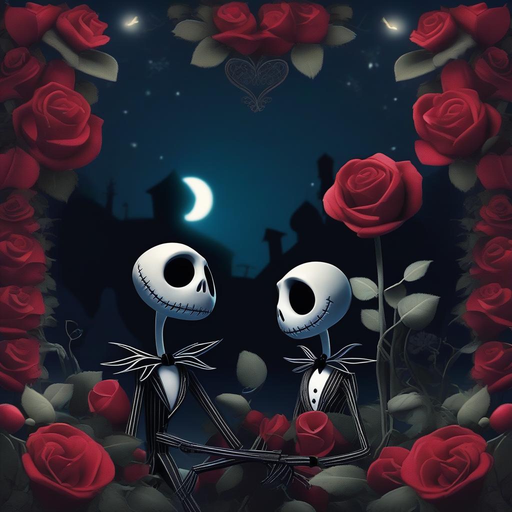  The Nightmare Before Friday the 13th, Jack Skellington and Sally is with showing affection, a Valentine love fest, roses, hearts, night sky with moon in the background , style of Tim Burton, stop motion animation, depth of field, cinematic composition, ((masterpiece)), best quality, very detailed, high resolution, sharp, sharp image, extremely detailed, 4k, 8k