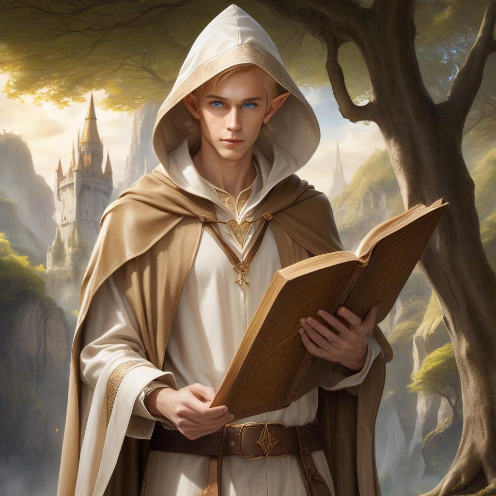  very beautiful low and slender elf with light skin, straw hair and blue eyes, dressed in a white shirt and beige pants, hangs a brown cape with a hood on his shoulders, holds an open book with leather binding and a drawing of a tree made of golden lines, a wizard's tower, hkmagic