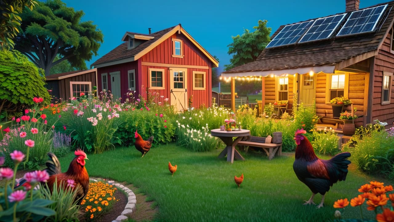  a vibrant urban homestead in texas, showcasing a small, well tended garden, chickens pecking in a yard, solar panels on a rustic shed, and a cozy tiny house surrounded by blooming wildflowers under a clear blue sky. hyperrealistic, full body, detailed clothing, highly detailed, cinematic lighting, stunningly beautiful, intricate, sharp focus, f/1. 8, 85mm, (centered image composition), (professionally color graded), ((bright soft diffused light)), volumetric fog, trending on instagram, trending on tumblr, HDR 4K, 8K