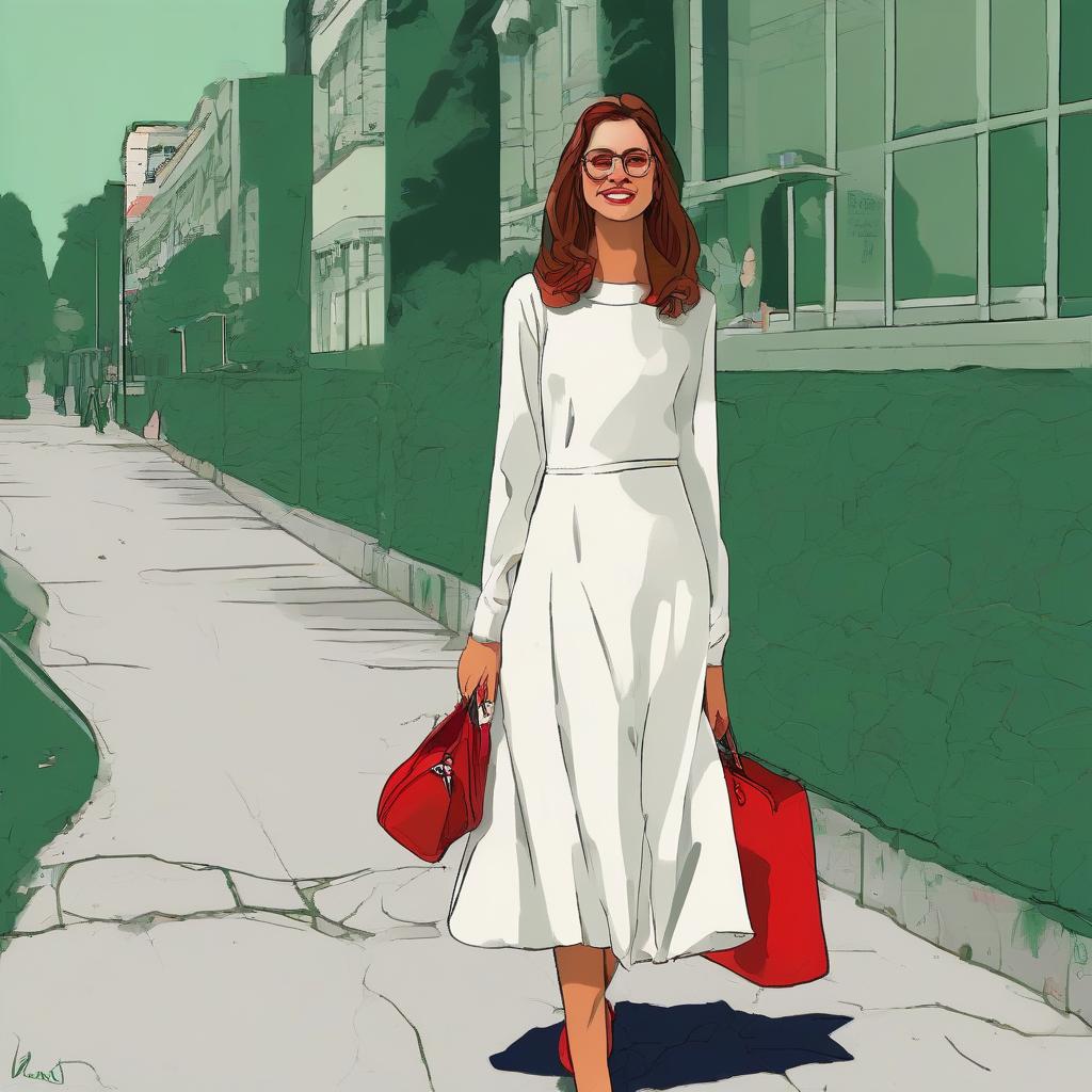  solid green background, a woman in a white dress and white shoes, a hairpin in her hair, a woman with a red bag in her hands, hands and shoes are visible, full height is visible, a woman smiles a little, shoes and a head walking along the sidewalk