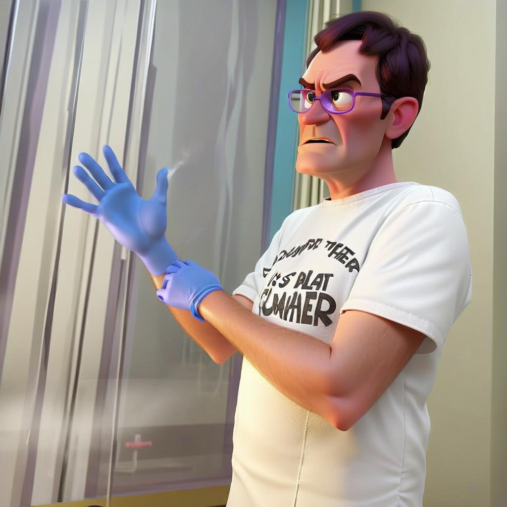  a character from pixar cartoons. this is an evil doctor. change background, behind the professor is a laboratory room, smoking flasks with liquid. the room is illuminated by a purple red light.