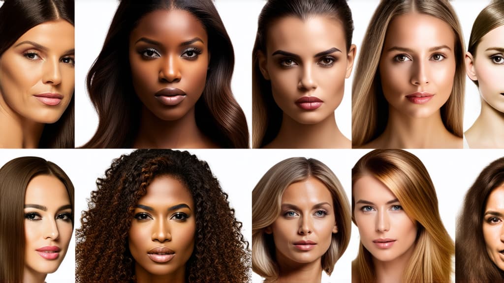  different beauty. set of different female heads on light background. different races and nationalities. ar 16:9, (natural skin texture), highly detailed face, depth of field, hyperrealism, soft light, muted colors