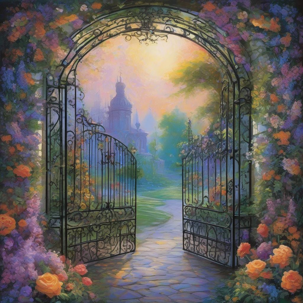  acrylic painting. double exposure. distant plan. fantastic landscape with openwork wrought iron gates decorated with flowers, gates surrounded by small flowers: roses, violets, forget me nots, lilacs, lilies, daisies, crocuses, snowdrops, bells. the gate leaves are open. whimsical curves of wrought iron details. lush blooming, fairytale, fantasy. (complex ornamental background: 1,4), decorative, attention to detail, surreal abstractionism. everything is luminous. glow from within, brightness, contrast, stardust. decorative excess. an atmosphere of mysticism and wonder, neo rococo, rococo, art nouveau, patterning, fairy tale, fantasy, decorative, stylisation. in the manner of works by james christensen, andrew jones, fragonard, stéphane mar