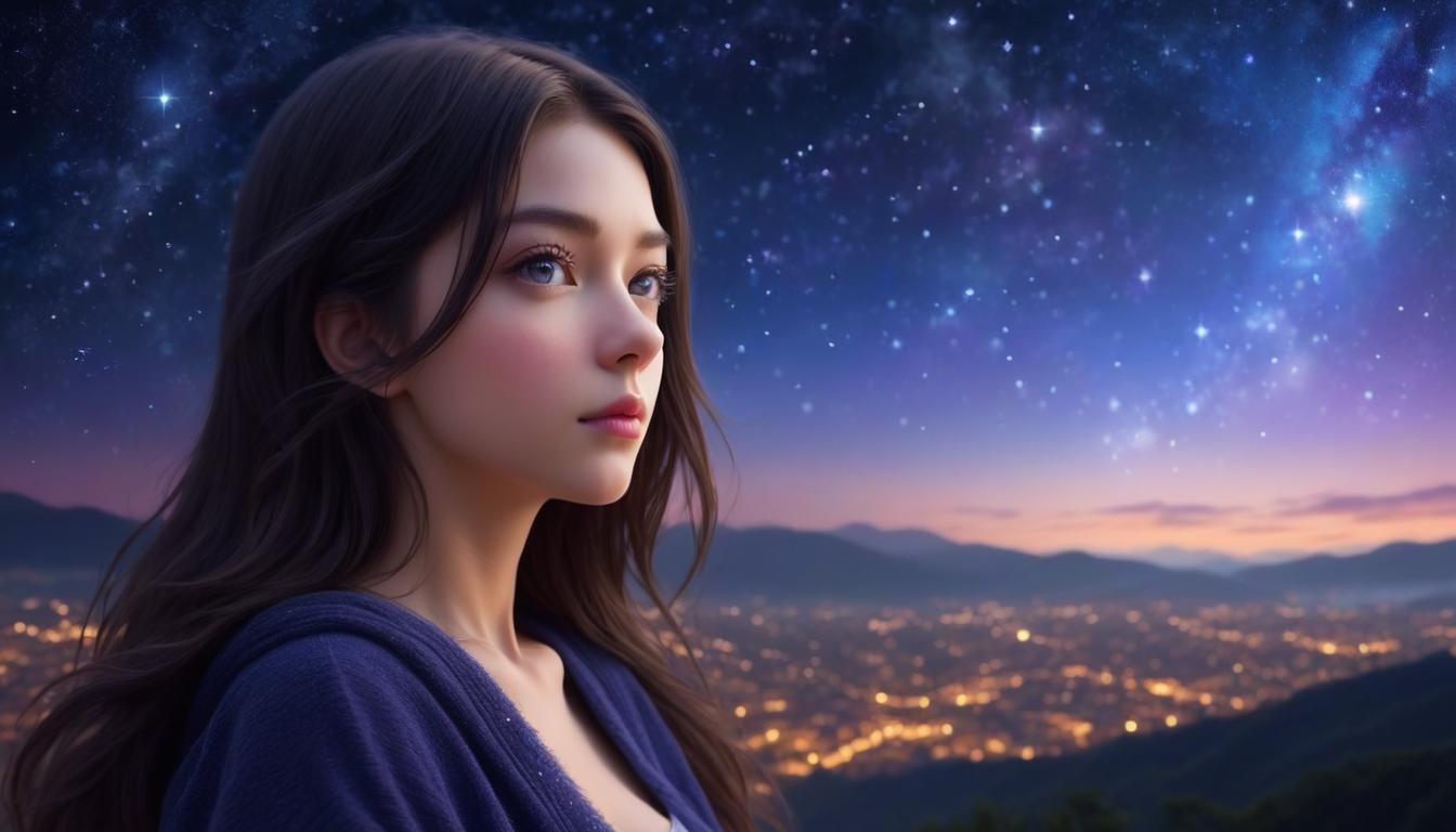  one girl, beautiful face, detailed eyes, starry sky background