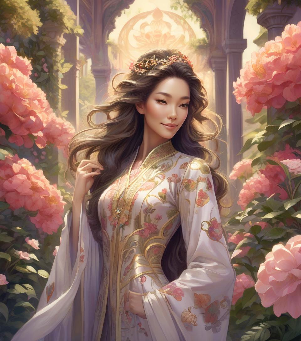  concept art oriental woman sporting a subtle smile amidst an opulent flower garden, imperial hues enveloping the art nouveau inspired floral backdrop, crowned regally, radiant backlighting highlighting her flowing hair, radiant, mythical allure transcending existence, watercolor aesthetic, greg rutkowski's touch, trending on artstation, razor sharp focus, studio setting, elaborate intricacies, volumetric . digital artwork, illustrative, painterly, matte painting, highly detailed