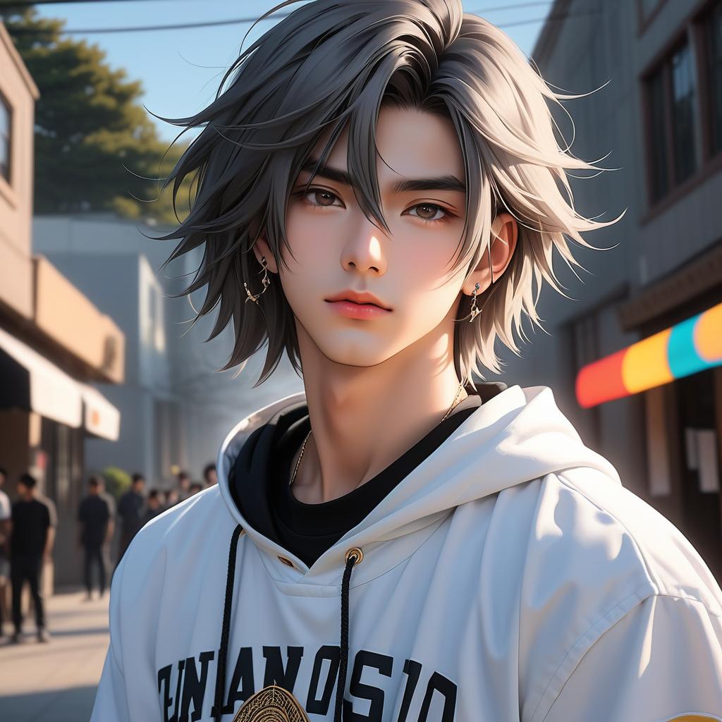  masterpiece, top quality, best quality, official art, beautiful and aesthetic anime art very beautiful asian male straight hair, white shoulder length hair, pale skin. grey eyes. eyebags. long dark lashes. diamond shaped face. sharp jawline. thin lips. low soft angled eyebrows. greek nose. tongue piercing. industrial piercing. lobe piercing. low set cheekbones. helix piercing. looking up to the sky, golden hour college boy. college background, award winning, professional, highly detailed, masterpiece