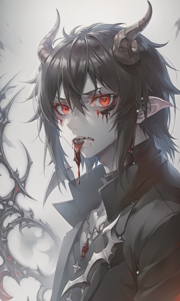  anime artwork man demon, white skin, blood red eyes, black hair, white horns, black clothes . anime style, key visual, vibrant, studio anime, highly detailed