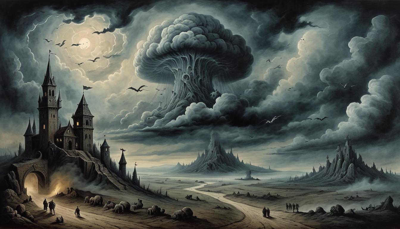  on parchment, surrealism+++, dark sky with ominous clouds, small figures below facing inevitable doom, a sense of impending justice(mysterious, provocative, symbolic,muted color)+++