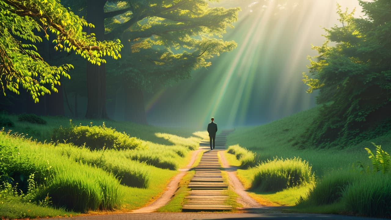  a serene landscape featuring a person standing at a crossroads, contemplating two distinct paths; one path is vibrant and sunlit, the other dark and overgrown, symbolizing choices and aspirations in goal setting. hyperrealistic, full body, detailed clothing, highly detailed, cinematic lighting, stunningly beautiful, intricate, sharp focus, f/1. 8, 85mm, (centered image composition), (professionally color graded), ((bright soft diffused light)), volumetric fog, trending on instagram, trending on tumblr, HDR 4K, 8K