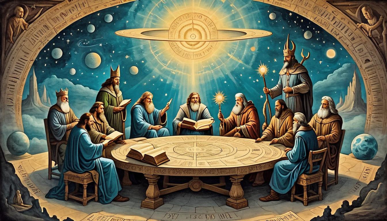  on parchment, surrealism+++, mythical council, figures seated around a celestial table, glowing, cosmic landscape, holding ancient books, symbolizing wisdom, knowledge beyond duality, serenity(mysterious, provocative, symbolic,muted color)+++