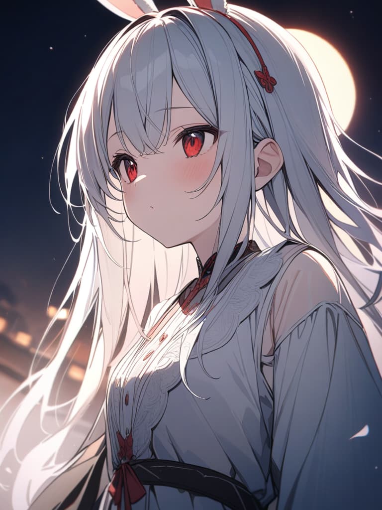  rabbit ears, mofumofu, white hair, girls, red eyes, looking up for the full moon, cute, loli, masterpiece, best quality,8k,ultra detailed,high resolution,an extremely delicate and beautiful,hyper detail