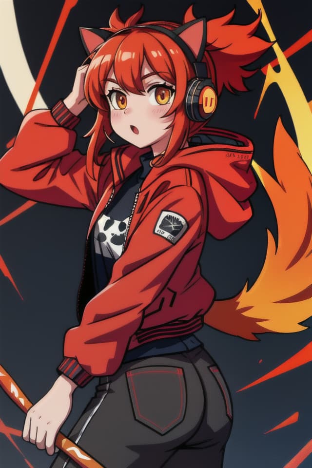  cat with a red racer jacket, amber eyes, headphones with a fluffy tail , hq, hightly detailed, 4k