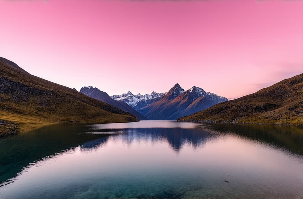  professional detailed photography, scenic mountain landscape with tranquil water reflecting a vibrant pink sunset sky, breathtaking nature background ar 3:2, (muted colors, dim colors, soothing tones), (vsco:0.3)