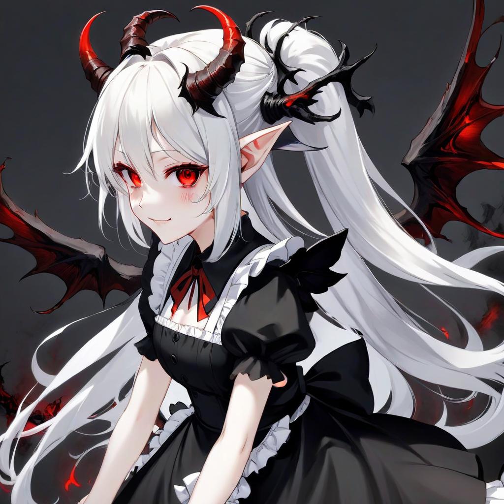  anime, maid, girl, demon, cute smile, red eyes, black pupils, elven ears, white skin, long white hair, black horns, thin handles, huge demonic black wings, black tail, monotonous light background