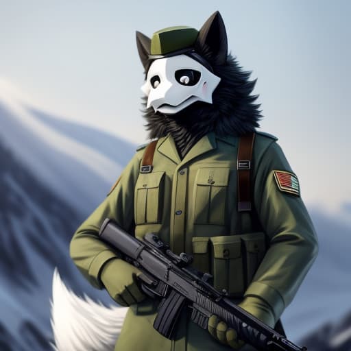  Puro, VDV Uniform, Military helmet, holding a AK-47, snow eviroment, uniform, fluffy, mega fluffy, brown fur, big tail, fluffy tail, Russian sholder patch, Green uniform, open eyes, digital art, masterpiece, 4k, fine details,