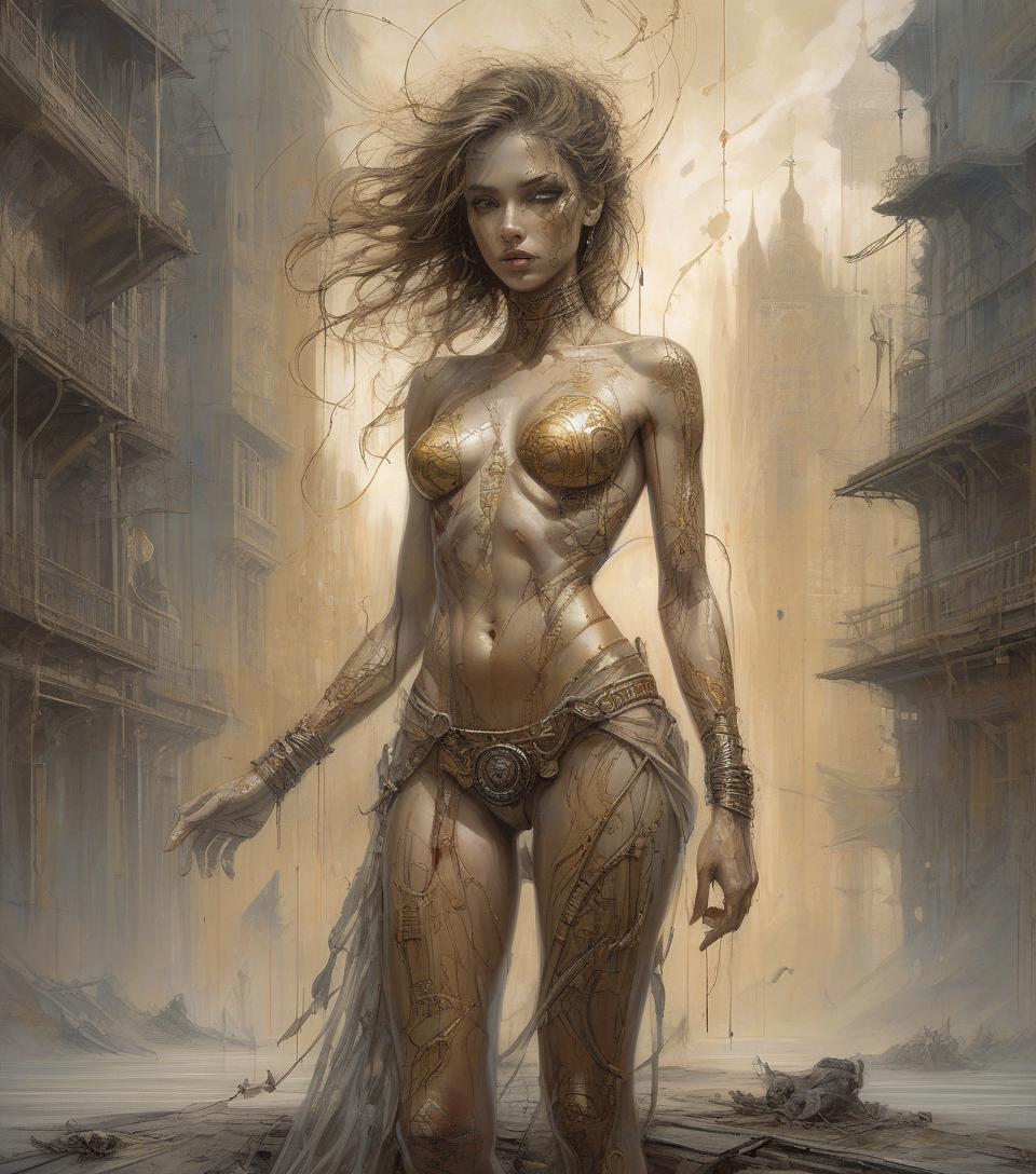  illustration representing a young woman, in a dynamic composition, random pose, the scene must present an unhealthy atmosphere in the style of luis royo, very detailed portrait mixing the fantastic muscular realism of boris vallejo, combining the artists carne griffiths, wadim kashin, jose royo, harrison fisher, brian froud and jeremy mann, ilya repin style vaporwave painting, epic setting, masterpiece, intricate art, intricate details, matte movie poster painting, golden ratio, trending on cgsociety, incredibly detailed and incredibly beautiful