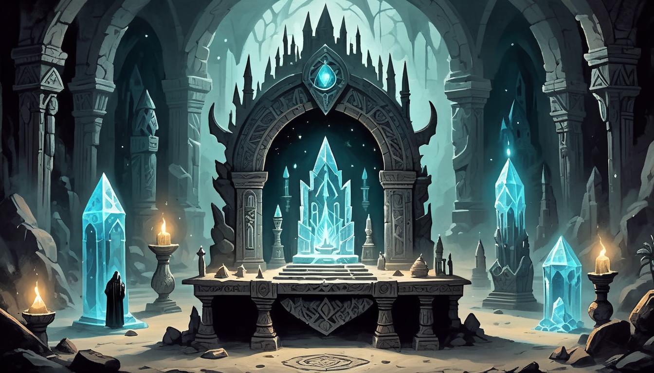  on parchment, surrealism+++, a mystical altar adorned with glowing crystals and ancient artifacts, shadowy cloaked figures guarding it, resonating with magical energy, protective, powerful, sacred(mysterious, provocative, symbolic,muted color)+++