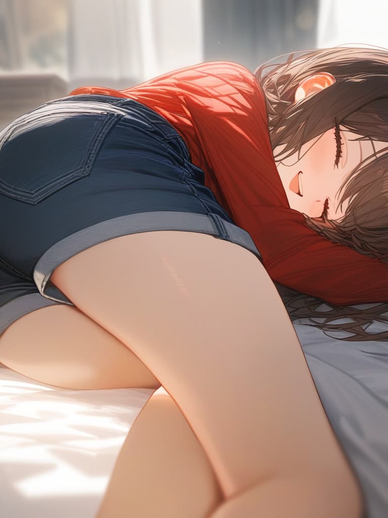  sleep in brown hair girl, smile, red t shirt, denim shorts, bed,, masterpiece, best quality,8k,ultra detailed,high resolution,an extremely delicate and beautiful,hyper detail