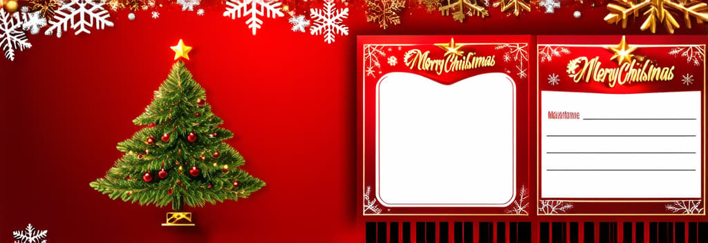  a red card with the inscription "merry christmas" in golden color, decorated with a christmas tree, snowflakes and black inserts.the overall design should convey warmth, a joyful mood and create visual appeal ar 3:1 {prompt}, maximum details