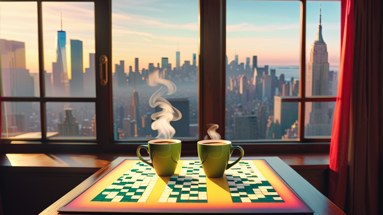  a cozy café table with a steaming cup of coffee, an open sunday crossword puzzle filled with intricate clues, a pencil poised above it, and a faint new york skyline visible through a window. hyperrealistic, full body, detailed clothing, highly detailed, cinematic lighting, stunningly beautiful, intricate, sharp focus, f/1. 8, 85mm, (centered image composition), (professionally color graded), ((bright soft diffused light)), volumetric fog, trending on instagram, trending on tumblr, HDR 4K, 8K