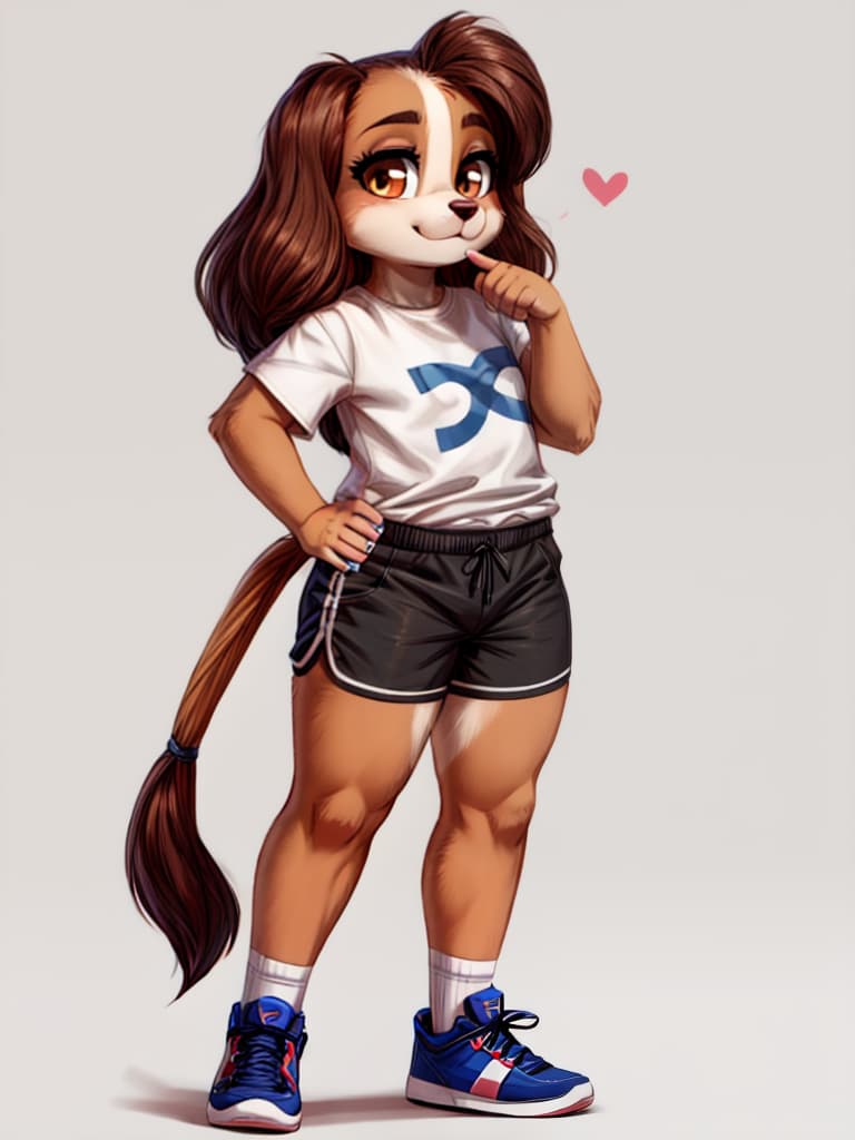  swf anthropomorphic english cocker spaniel female curvy, standing in shorts and oversized tshirt no background