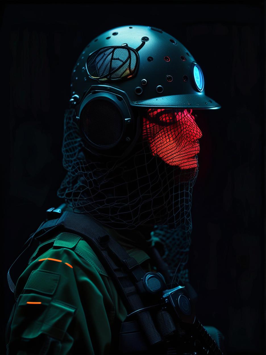  best quality, hd, create an image featuring a musician wearing a danish navy frogmen style helmet covered by a dense, dark net that extends over their entire face. beneath this net, the musician wears a neon face mask with a glowing led circle prominently in the center. the neon circle should be visible through the net, casting a mysterious and futuristic glow. the helmet should have the distinctive, utilitarian design of the danish frogmen, emphasizing its rugged and tactical appearance. the overall ambiance is dark and covert, with the netting making the face underneath invisible. the glowing neon circle frames the hidden face, creating a dramatic contrast between the dark, intricate net and the bright, shining neon.