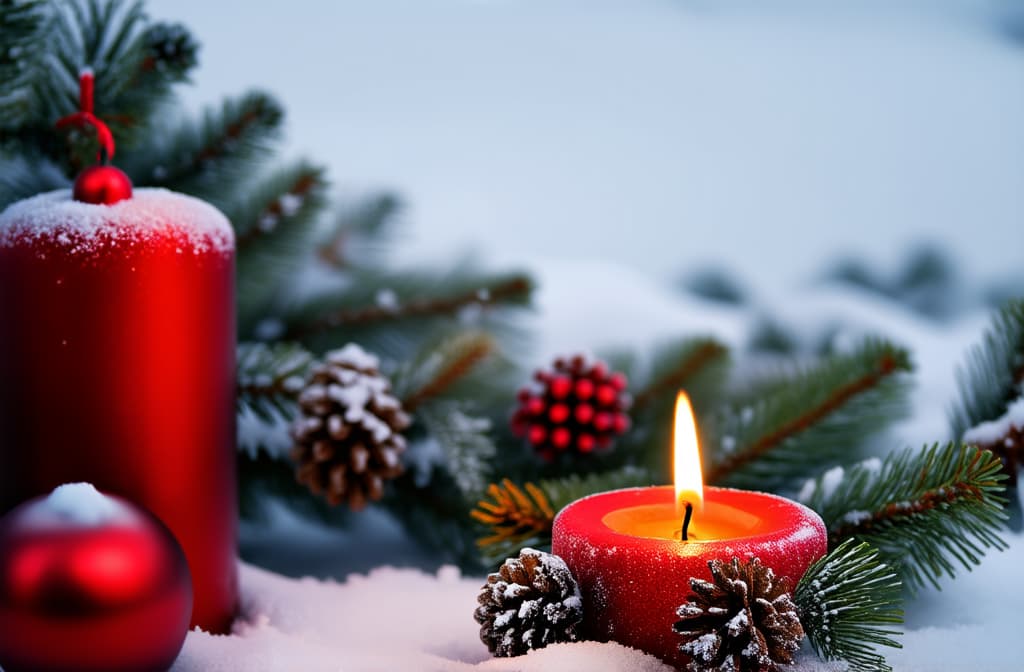  professional detailed photography, christmas candle in the snow with copy space ar 3:2, (muted colors, dim colors, soothing tones), (vsco:0.3)