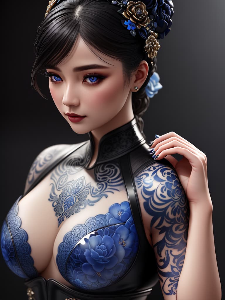  Close-up porcelain female figurine, looking to the camera, glossy surface, glaze, shiny, blue floral tattoos on her, dark gradient background, baroque dark style, hyperrealistic, CG society, intricate details