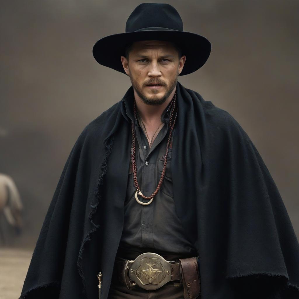  cowboy, tom hardy, full length, black poncho, hat, double barreled, ash hair