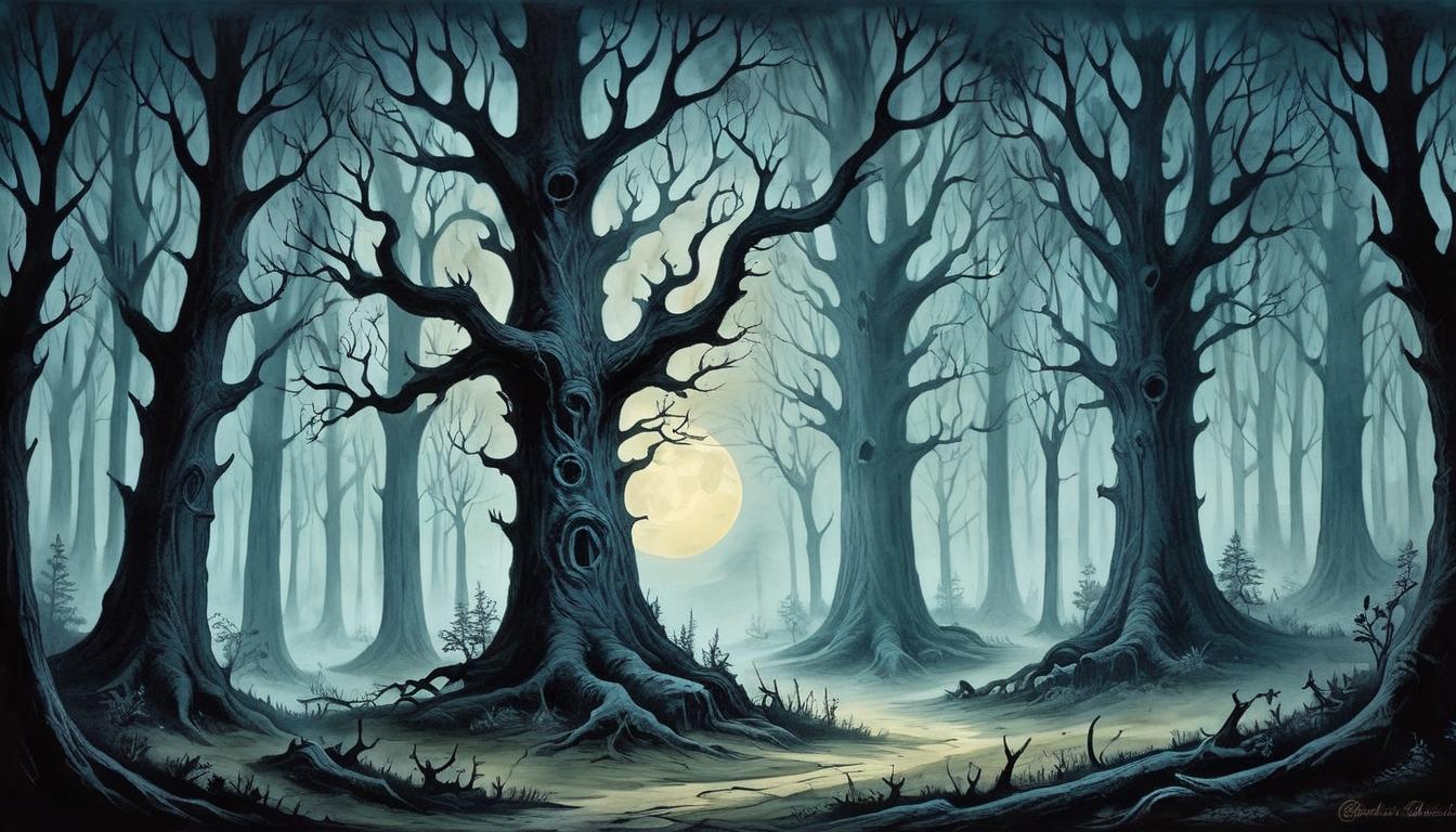  on parchment, surrealism+++, moonlit forest, dark ancient trees, shadows and dappled light, crisp air, eerie glow(mysterious, provocative, symbolic,muted color)+++