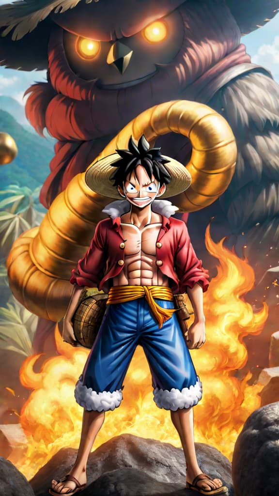  anime art: luffy and his crew embark on a quest for the ultimate treasure in one piece. hyperrealistic, full body, detailed clothing, highly detailed, cinematic lighting, stunningly beautiful, intricate, sharp focus, f/1. 8, 85mm, (centered image composition), (professionally color graded), ((bright soft diffused light)), volumetric fog, trending on instagram, trending on tumblr, HDR 4K, 8K