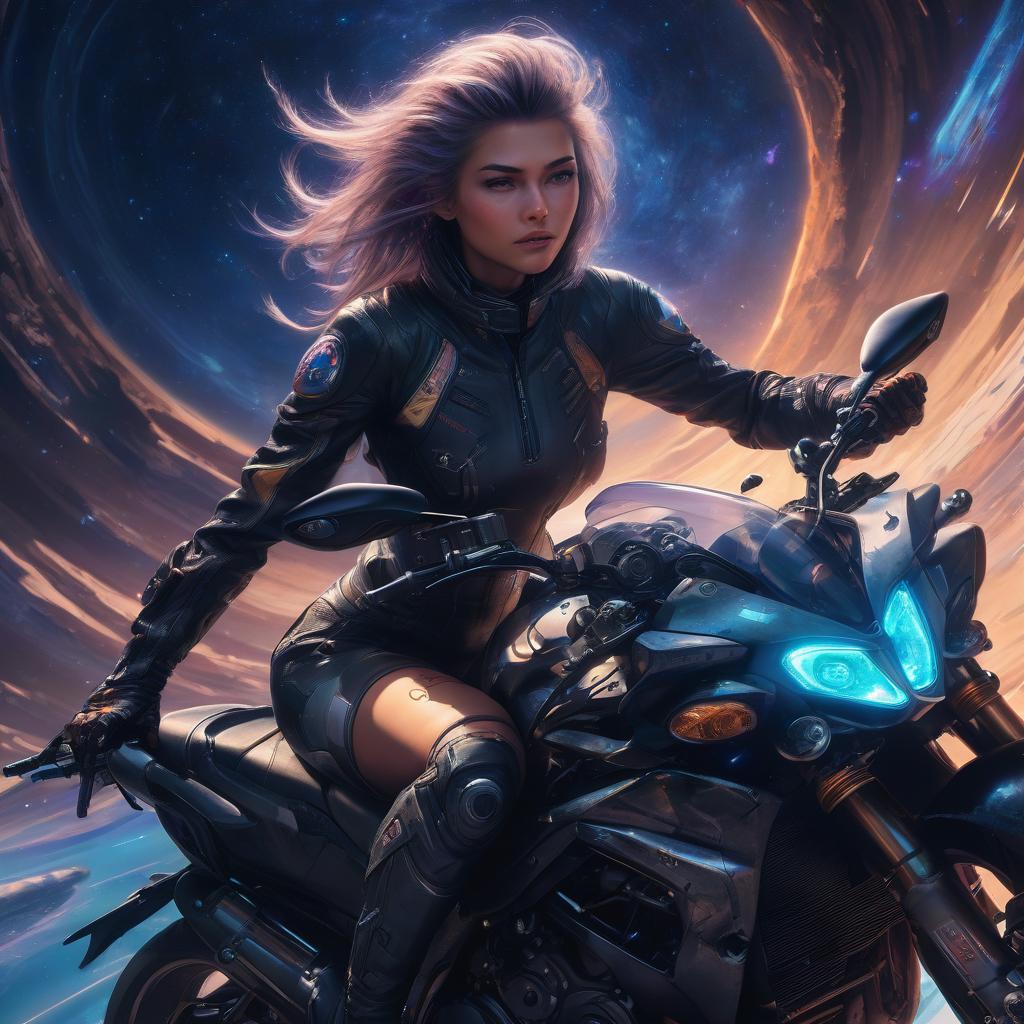  astral, a girl rides a sports motorcycle, all in skin with her hair loose, into a black hole in space. dynamics, excellent quality, high detail, cyberpunk