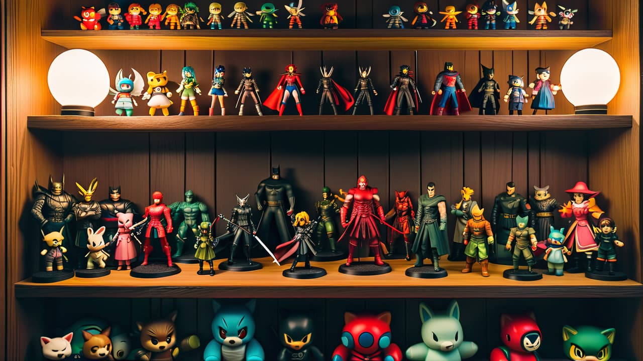  a vibrant display of various anime collectibles including action figures, plushies, and rare manga, arranged on a wooden shelf with soft lighting, highlighting their intricate details and nostalgic essence, evoking a sense of cherished memories. hyperrealistic, full body, detailed clothing, highly detailed, cinematic lighting, stunningly beautiful, intricate, sharp focus, f/1. 8, 85mm, (centered image composition), (professionally color graded), ((bright soft diffused light)), volumetric fog, trending on instagram, trending on tumblr, HDR 4K, 8K