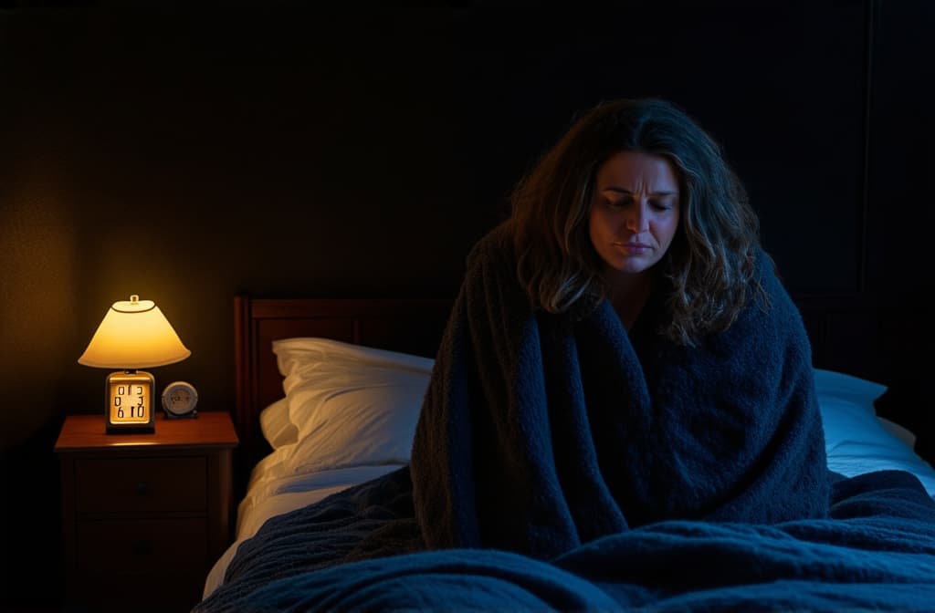  sleepy, shaggy woman sits on a bed wrapped in a blanket with a dissatisfied face, on the nightstand next to her there is a clock with the numbers "6:00 am", the room is dark and the night light is dimly lit ar 3:2 {prompt}, maximum details