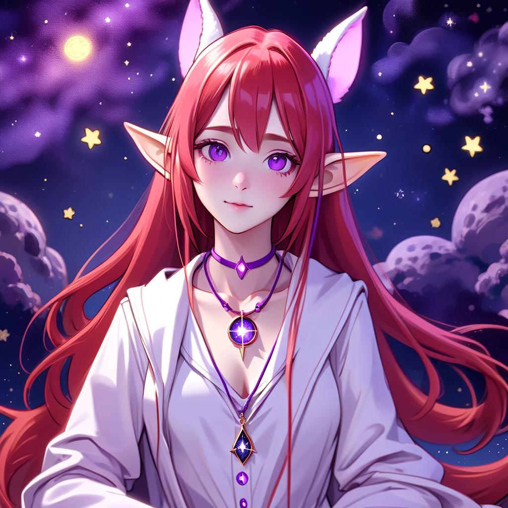  a girl with a fantastic appearance. she's , she's wearing a scientist's white robe, elven ears, long red straight hair gathered in a tail, behind her a starry night, on her neck a purple thin necklace, cute pink s at her s, a posture lying in full growth.