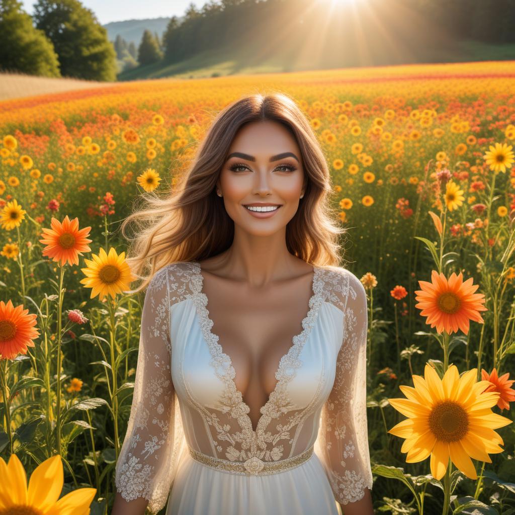  A bright, sunny day with a radiant sun in the sky. A field of vibrant flowers. A person standing in the field, looking up at the sun with a joyful expression. Warm and inviting colors like yellows, oranges, and soft blues. hyperrealistic, full body, detailed clothing, highly detailed, cinematic lighting, stunningly beautiful, intricate, sharp focus, f/1. 8, 85mm, (centered image composition), (professionally color graded), ((bright soft diffused light)), volumetric fog, trending on instagram, trending on tumblr, HDR 4K, 8K