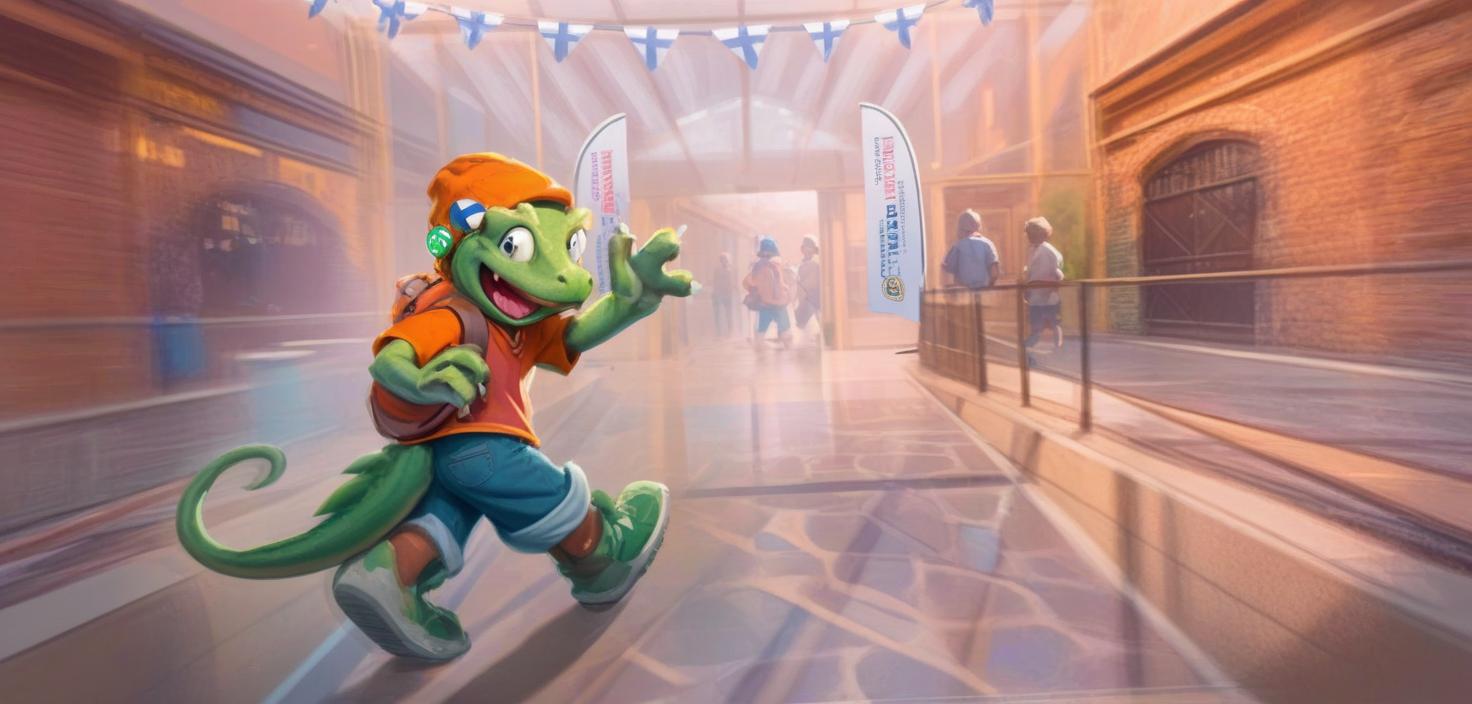  breathtaking a cartoon lizard wearing an orange shirt, blue pants, and a hat, running excitedly in a brightly lit indoor setting with people in the background. . award winning, professional, highly detailed, civitai