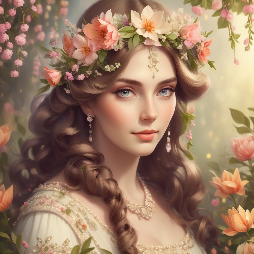  vintage spring queen portrait with flowers and flowers garland in the hair, warm atmosphere